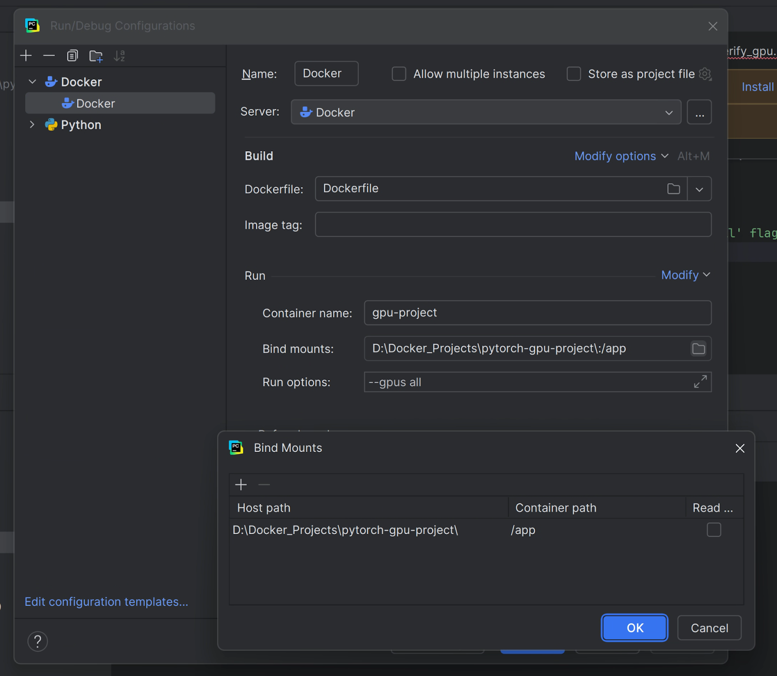 PyCharm run/debug configurations for Docker